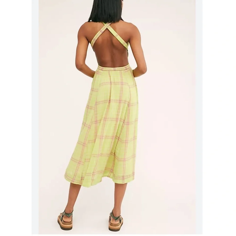 Free people the modern pinafore Plaid  Midi Dress size L - Picture 2 of 11